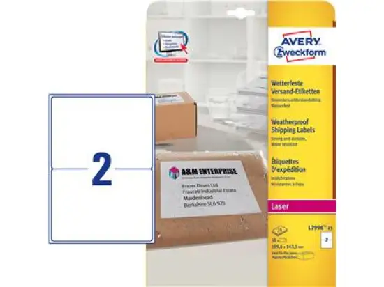 Versand-Etiketten Avery Zweckform L7996-25 199,6 x 143,5 mm Folie, selbstklebend, wetterfest, weiß, Laser, Pack 50 Stk/25 Blatt