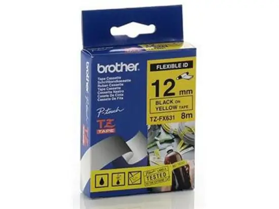 Schriftband-Kassette Brother TZe-FX631 schwarz auf gelb 12mm/8m Flexi-Tape laminiert