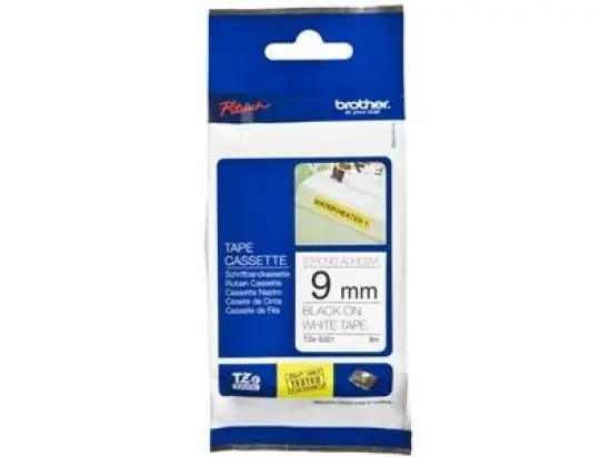 Schriftband-Kassette Brother TZe-S221 schwarz auf weiß 9mm/8m laminiert stark klebend
