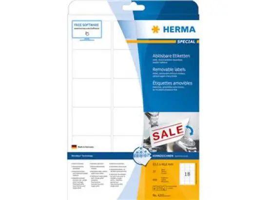 Etiketten Herma 4203 Special 63,5 x 46,6 mm weiß, selbstklebend, ablösbar + wieder haftend, Inkjet Laser Kopierer, Pack 450 Stk/25 Blatt