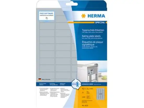 Typenschild-Etiketten Herma 4221 Special 45,7 x 21,2 mm SuperPrint silber, Pack 1200 Stk/25 Blatt