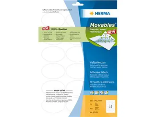 Etiketten Herma 4358 Special 63,5 x 42,3 mm oval, abziehbar weiß, Pack 450 Stk/25 Blatt