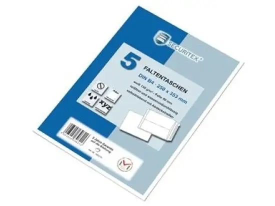 Faltentasche Securitex 30002547 396210 B4 (250 x 353 mm), ohne Fenster, Haftklebung, weiß, 50mm-Faltenboden, 130g, Pack 5 Stk
