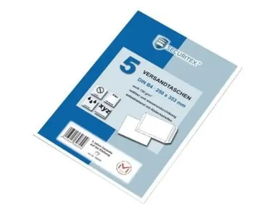 Versandtasche Securitex 30002549 396550 B4 (250 x 353 mm), ohne Fenster, Haftklebung, weiß, 130g, Pack 5 Stk