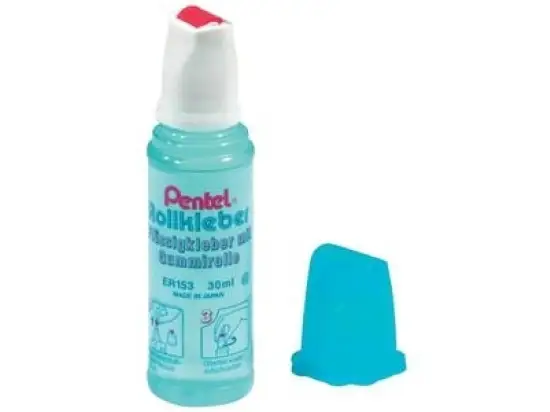 Rollkleber Pentel ER153-SG Roll´n Glue Flüssigkleber mit Gummirolle, hellblau, Flasche 30ml