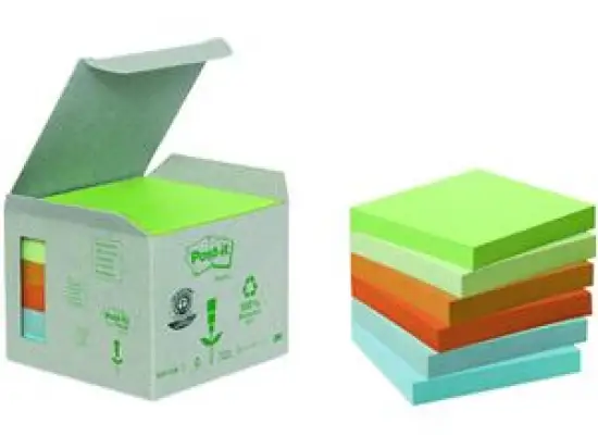 Haftnotiz Post-it 654-1GB Recycling Notes 76 x 76 mm, Block mit 100 Blatt, 4 Pastell-Farben sortiert, Pack 6 Stk