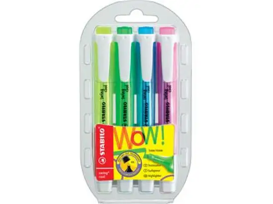Textmarker Stabilo 275/4 swing cool 1-4mm, Keilspitze, 4er-Etui, gelb, blau, grün, pink