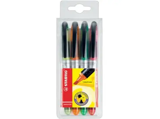 Textmarker Stabilo 545/4 Navigator 1-4mm, Keilspitze, 4er-Etui, gelb, grün, orange, pink, Pack 5 Stk