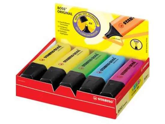 Textmarker Stabilo 70/10-1 Boss Original 2-5mm, Keilspitze, farbig sortiert, gelb, grün, orange, rosa, Pack 10 Stk