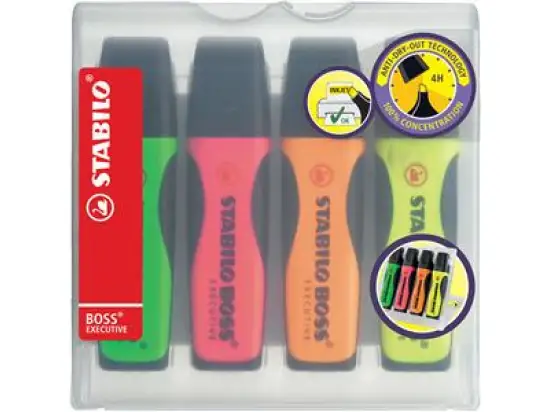 Textmarker Stabilo 73/4 Boss Executive 2-5mm, Keilspitze, 4er-Etui, gelb, grün, orange, pink