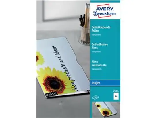 Folie Avery Zweckform 2501 A4, beschichtet, stapelverarbeitbar, selbstklebend, transparent, Inkjet, Pack 50 Blatt