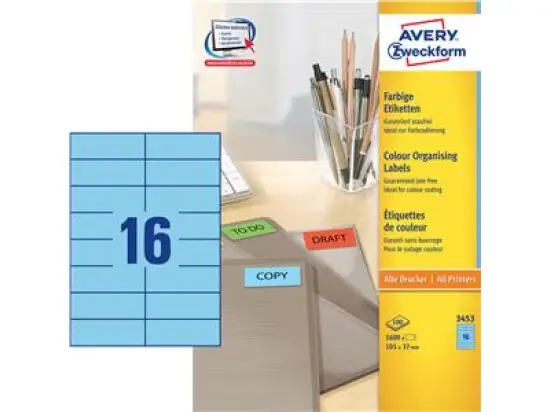 Etiketten Avery Zweckform 3453 105 x 37 mm selbstklebend, blau, Inkjet Laser Kopierer, Pack 1600 Stk/100 Blatt