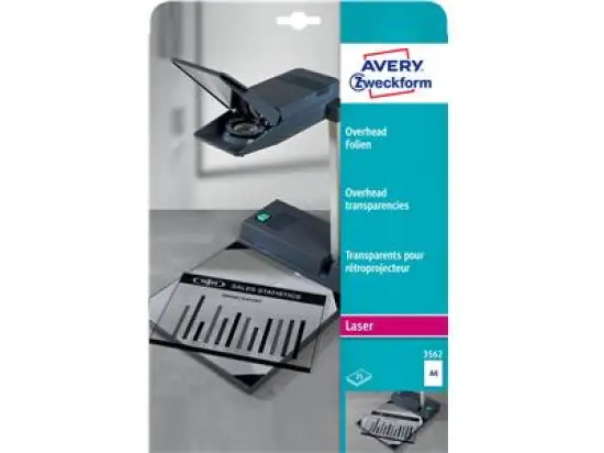 Overhead-Folien Avery Zweckform 3562 A4 0,10mm klar, lösemittelfrei beschichtet, stapelverarbeitbar, Laser, Pack 25 Blatt