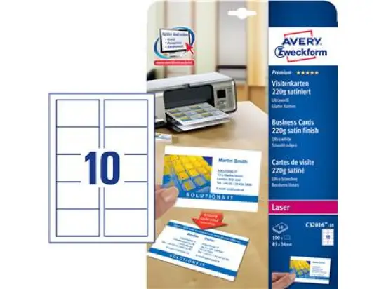 Visitenkarten Avery Zweckform C32016-10 Premium 85x54mm, 220g, mikroperforiert, weiß, Laser, Pack 100 Stk/10 Blatt