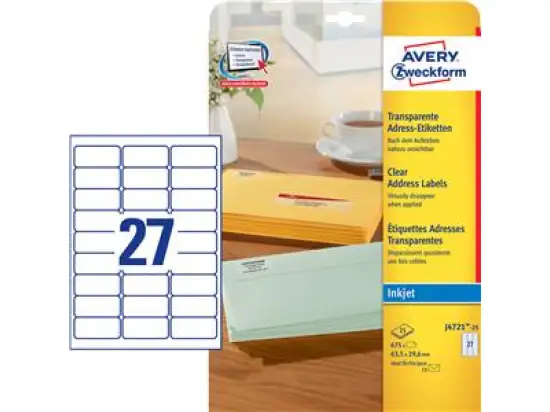 Adress-Etiketten Avery Zweckform J4721-25 63,5 x 29,6 mm, Folie, selbstklebend, transparent, Inkjet, Pack 675 Stk/25 Blatt