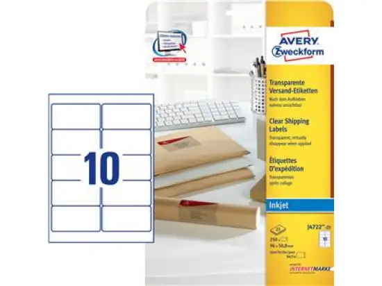 Versand-Etiketten Avery Zweckform J4722-25 96 x 50,8 mm, Folie, selbstklebend, transparent, Inkjet, Pack 250 Stk/25 Blatt