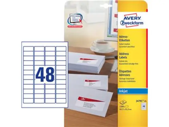 Adressetiketten Avery Zweckform J4791-25 45,7 x 21,2 mm weiß, selbstklebend, Inkjet, Pack 1200 Stk/25 Blatt