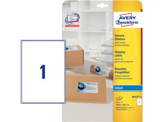 Versand-Etiketten Avery Zweckform J8167-25 199,6 x 289,1 mm weiß, selbstklebend, Inkjet, Pack 25 Stk/25 Blatt
