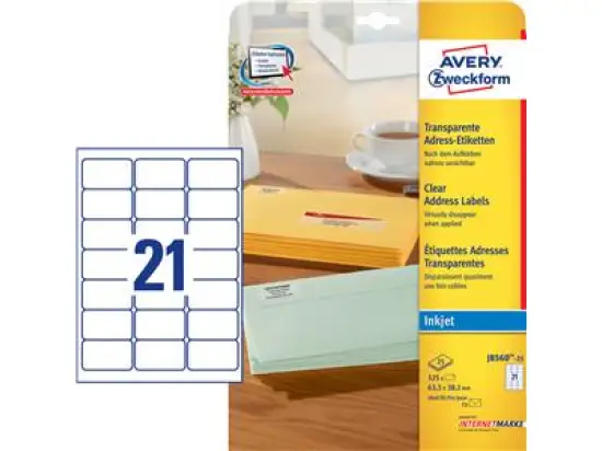 Adressetiketten Avery Zweckform J8560-25 63,5 x 38,1 mm Folie, transparent, selbstklebend, Inkjet, Pack 525 Stk/25 Blatt