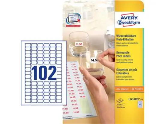 Preis-Etiketten Avery Zweckform L3410REV-25 26 x 16 mm, selbstklebend, wiederablösbar, weiß, Inkjet Laser Kopierer, Pack 2550 Stk/25 Blatt