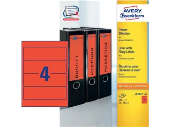 Ordner-Rückenschild Etiketten Avery Zweckform L4766-100 kurz/breit, selbstklebend, blanko, rot, Inkjet Laser Kopierer, Pack 400 Stk/100 Blatt