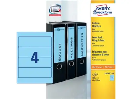 Ordner-Rückenschild Etiketten Avery Zweckform L4767-100 kurz/breit, selbstklebend, blanko, blau, Inkjet Laser Kopierer, Pack 400 Stk/100 Blatt