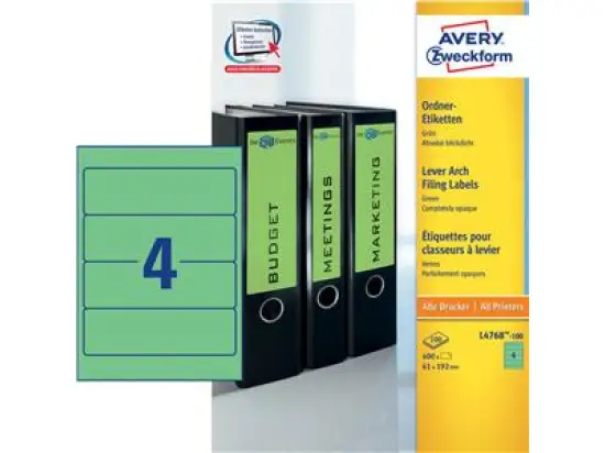 Ordner-Rückenschild Etiketten Avery Zweckform L4768-100 kurz/breit, selbstklebend, blanko, grün, Inkjet Laser Kopierer, Pack 400 Stk/100 Blatt