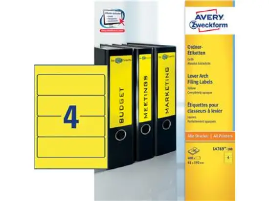 Ordner-Rückenschild Etiketten Avery Zweckform L4769-100 kurz/breit, selbstklebend, blanko, gelb, Inkjet Laser Kopierer, Pack 400 Stk/100 Blatt