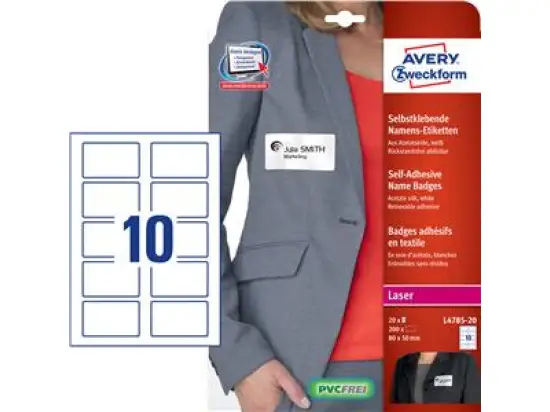 Namens-Etiketten Avery Zweckform L4785-20 80 x 50 mm, Acetatseide, selbstklebend, wiederablösbar, weiß, Laser, Pack 200 Stk/20 Blatt