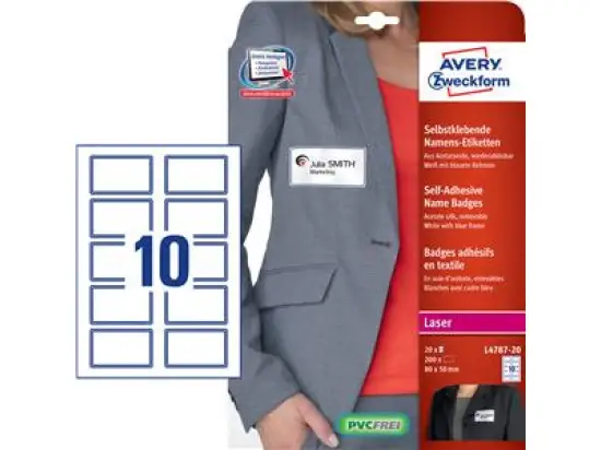 Namens-Etiketten Avery Zweckform L4787-20 80 x 50 mm, weiß/blau, Acetatseide, selbstklebend, Pack 200 Stk/20 Blatt