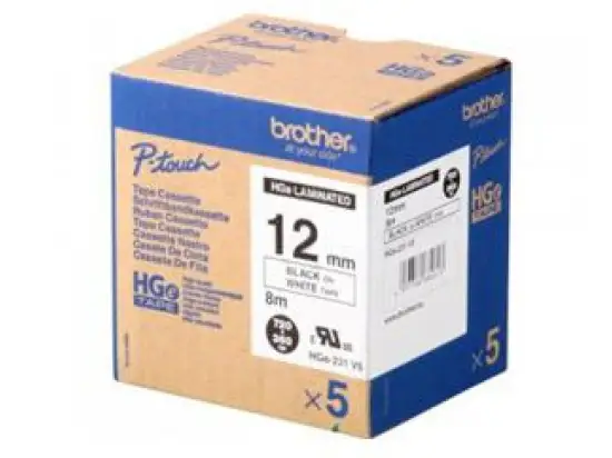Schriftband-Kassette Brother HGe-231V5 Multipack schwarz auf weiß, 12mm/8m, laminiert, Pack 5 Stk