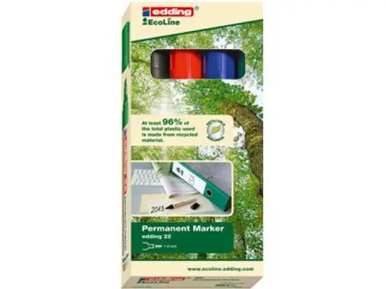 Permanentmarker Edding 22 EcoLine 4-22-4 1-5mm, Keilspitze, 4er-Etui, schwarz, rot, blau, grün
