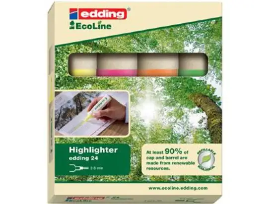 Textmarker Edding 24 EcoLine 4-24-4 2-5mm, Keilspitze, 4er-Etui, gelb, rosa, orange, hellgrün