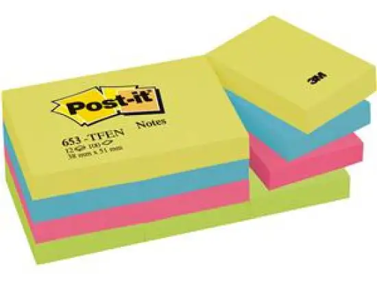 Haftnotiz Post-it 653-TFEN Notes Active Collection 38 x 51 mm, Block mit 100 Blatt, 4 Farben, Pack 12 Blöcke