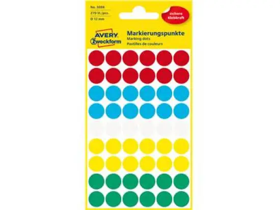 Markierungspunkte Avery Zweckform 3088 Ø 12mm rund, selbstklebend, 5 Farben: rot/blau/weiß/gelb/grün, Pack 10 x 270 Stk/5 Blatt