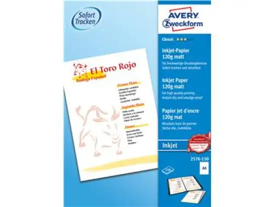 Papier Avery Zweckform 2576-150 Classic A4, 120g, einseitig matt beschichtet, Inkjet, Pack 150 Blatt