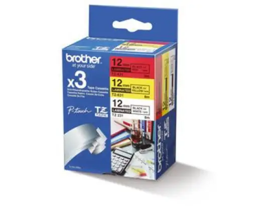 Schriftband-Kassette Brother TZe-31M3 Multipack schwarz auf rot/gelb/weiß 12mm/8m laminiert, Pack 3 Stk