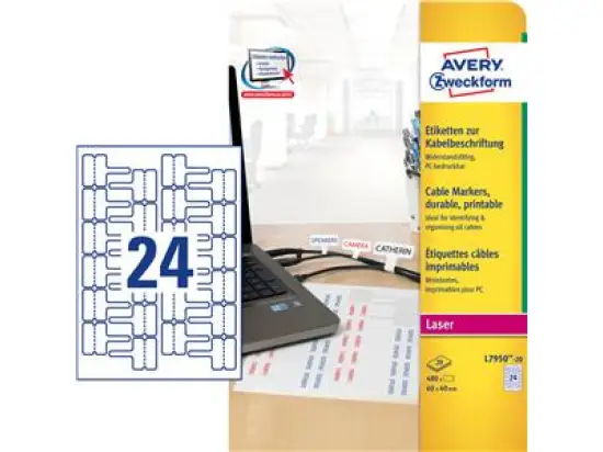 Kabelbeschriftungs-Etiketten Avery Zweckform L7950-20 60 x 40 mm, selbstklebend, weiß, Laser, Pack 480 Stk/20 Blatt