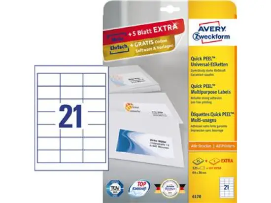 Etiketten Avery Zweckform 6170 64 x 36 mm weiß, selbstklebend, Inkjet Laser Kopierer, Pack 630 Stk/30 Blatt