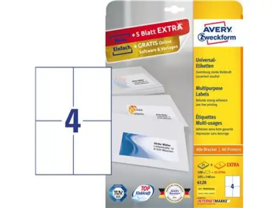 Etiketten Avery Zweckform 6120 105 x 148 mm weiß, selbstklebend, Inkjet Laser Kopierer, Pack 120 Stk/30 Blatt