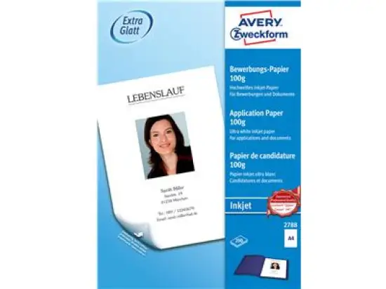Bewerbungs-Papier Avery Zweckform 2788 A4, 100g, matt, beidseitig satiniert, für Bewerbungen, Inkjet, Pack 200 Blatt