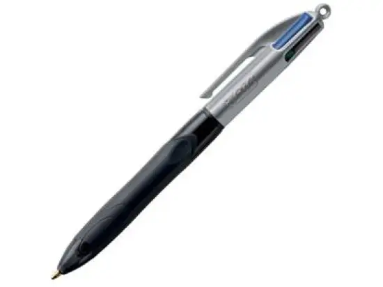 Vierfarb-Kugelschreiber Bic 8922931 4 Colours Grip Pro 0,32mm, Wechselmine, Druckmechanik, schwarz/grau, Schreibfarben blau, schwarz, rot, grün