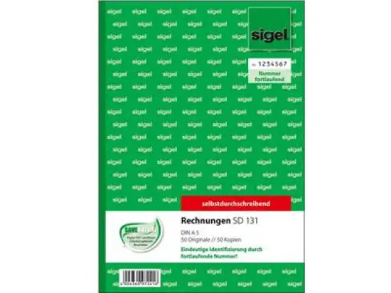 Rechnung Sigel SD131 A5 selbstdurchschreibend 2 x 50 Blatt mit fortlaufender Nummerierung