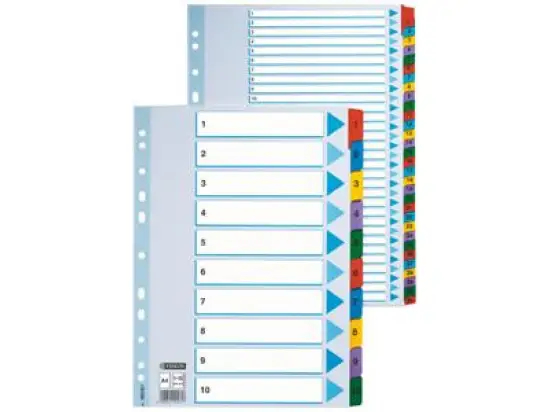 Zahlen-Register Esselte 100161 A4 Zahlen 1-10 Mylarkarton weiß Taben farbig, Pack 10 Stk