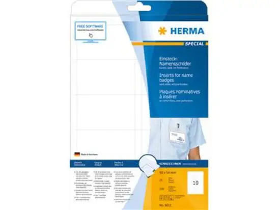 Einsteck-Namensschilder Herma 9011 Special 90 x 54 mm A4, Karton, mit Perforation, nicht klebend, weiß, Inkjet Laser Kopierer, Pack 250 Stk/25 Blatt