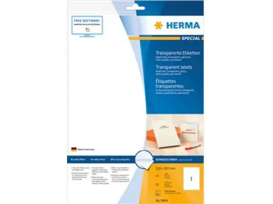 Etiketten Herma 8964 Special 210 x 297 mm A4 Folie, selbstklebend, glänzend, transparent, Inkjet, Pack 10 Stk/10 Blatt