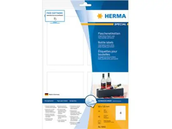 Flaschen-Etiketten Herma 8882 Special 90 x 120 mm selbstklebend, glossy, glänzend, weiß, Inkjet, Pack 40 Stk/10 Blatt