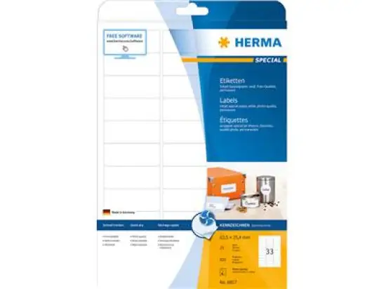 Etiketten Herma 8837 Special 63,5 x 25,4 mm selbstklebend, weiß, Inkjet, Pack 825 Stk/25 Blatt
