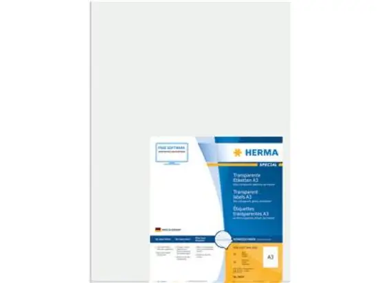 Etiketten Herma 8694 Special 420 x 297 mm A3, Folie, transparent, selbstklebend, Laser Kopierer, Pack 50 Stk/50 Blatt