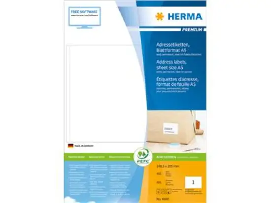 Adressetiketten Herma 8690 Premium 148,5 x 205 mm, A5, selbstklebend, weiß, Inkjet Laser Kopierer, Pack 400 Stk/400 Blatt